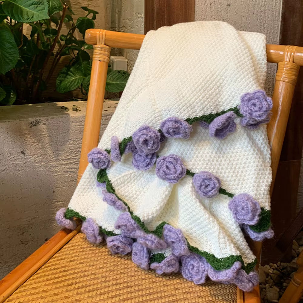 Handmade Gift Crochet Rose Bouquet Blanket Fashion Finished Knitted Flower Blanket Soft Rose Nap Blanket Valentine'S Day