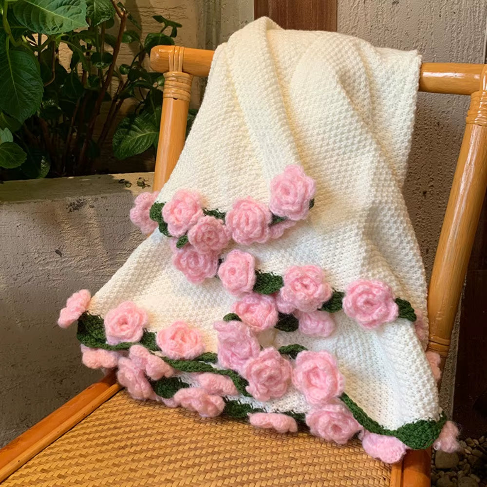 Handmade Gift Crochet Rose Bouquet Blanket Fashion Finished Knitted Flower Blanket Soft Rose Nap Blanket Valentine'S Day